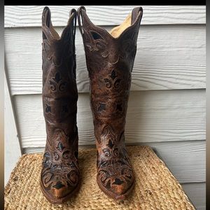 Corral chocolate lizard inlay snip toe cowboy boots, ladies Sz 6 M, great cond.